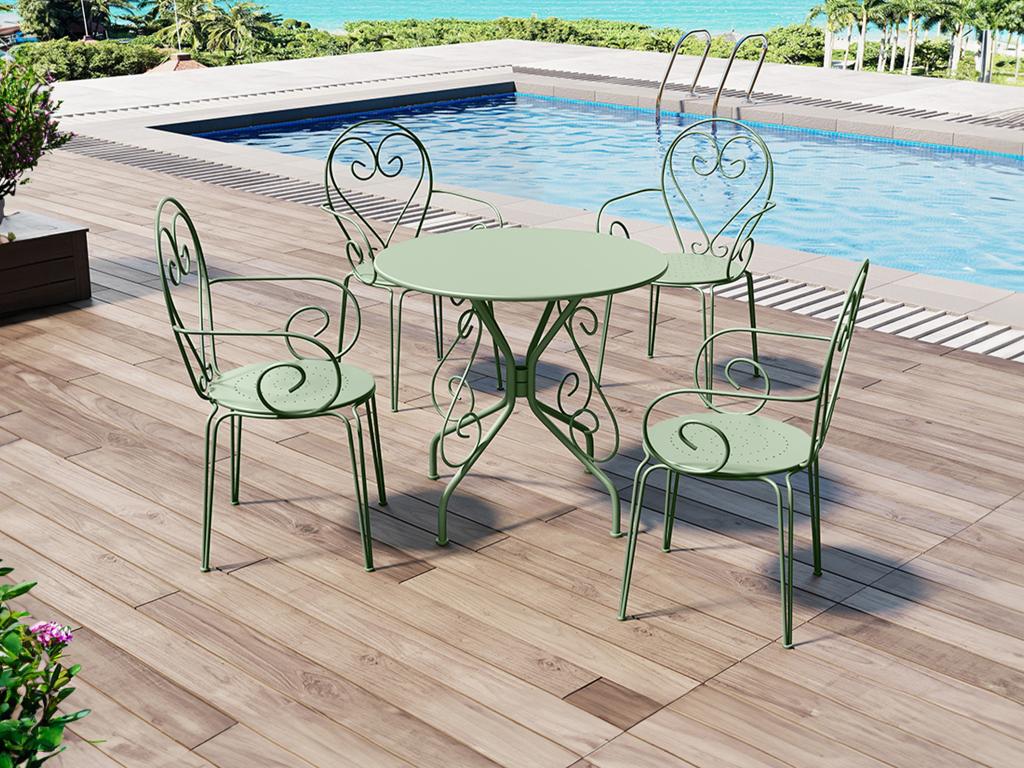 Set of 4 stackable metal garden chairs in wrought iron style - Almond green - Nidchicshop 36582IBXR