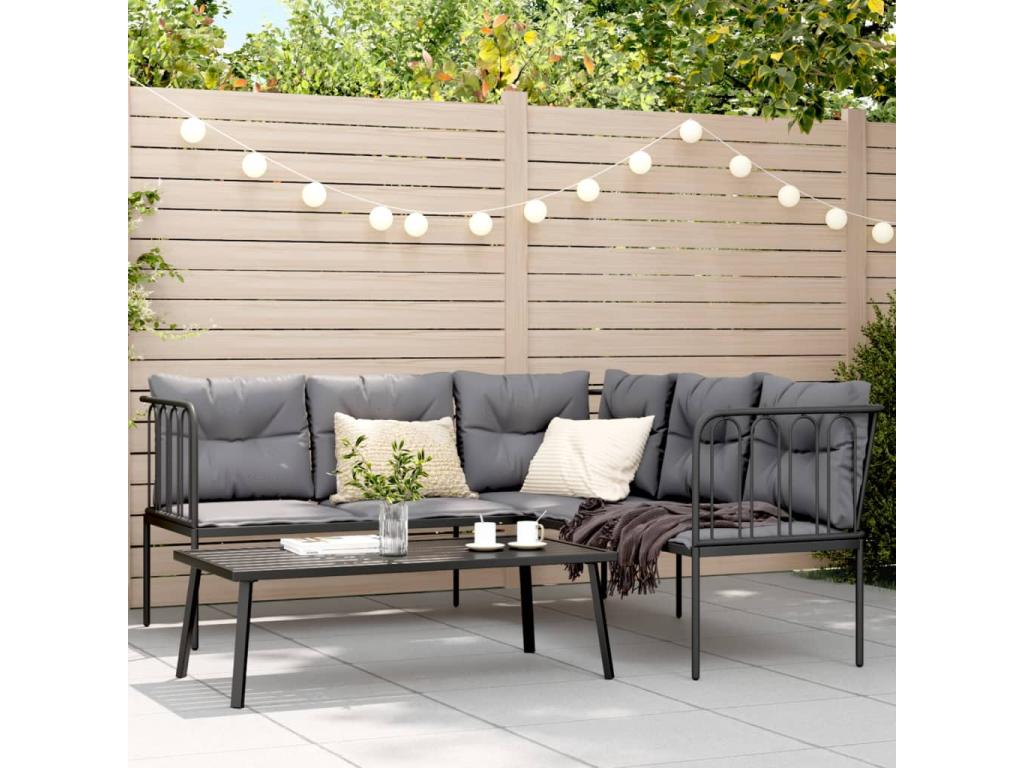 Garden sofa and cushion set, black steel and textilene, 44163AOHZ