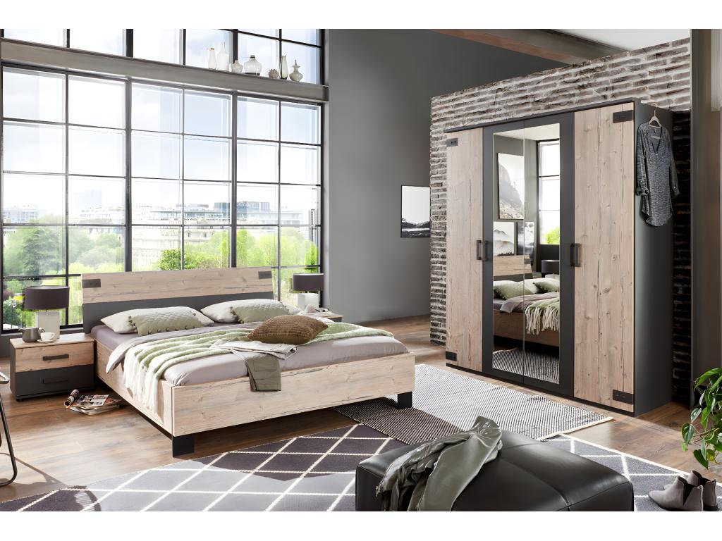 Complete adult bedroom set with a 140x200cm bed, 2 bedside tables, and a wardrobe in oak finish (97294UCTZ)