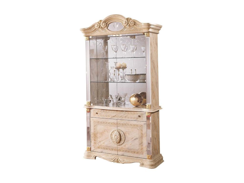 4-door, 1-drawer display cabinet in glossy beige lacquered wood and Calmetop marble-effect finish, 105cm, 76120HQNJ