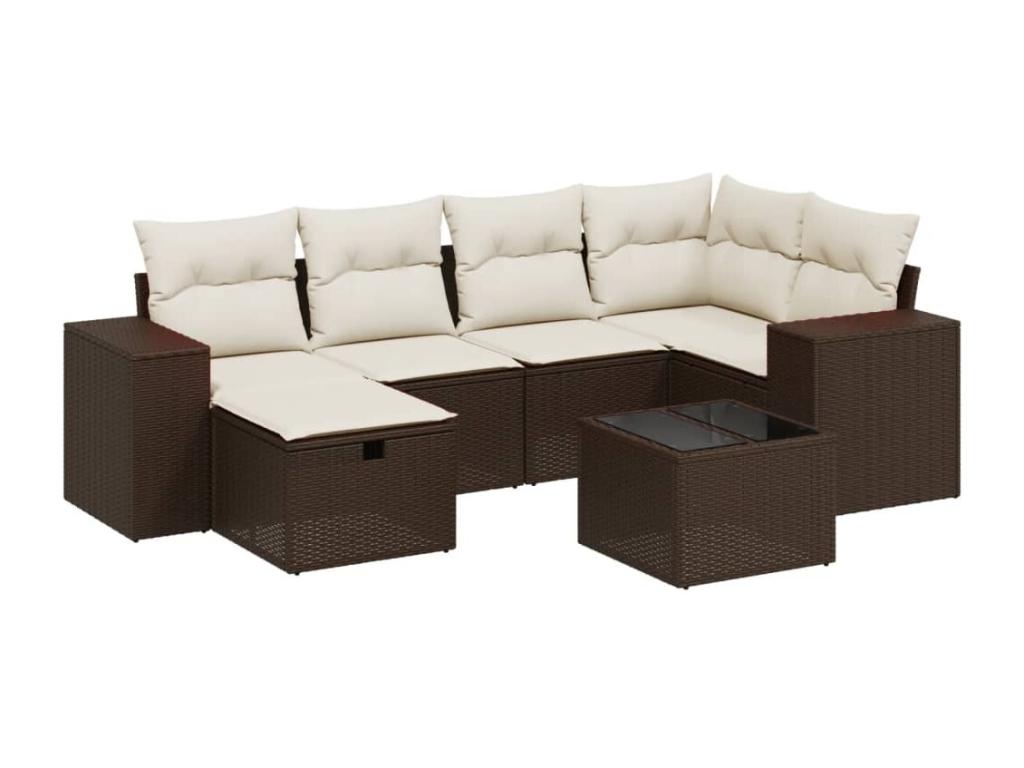 7-piece garden furniture set with cushions, brown woven resin, 85382IDAP