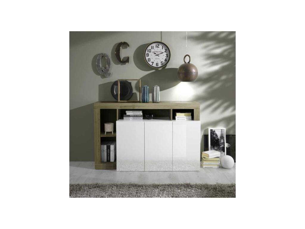 3-Door Buffet, High Gloss White Lacquer/Natural Oak - Nidchicshop 30381JJNH