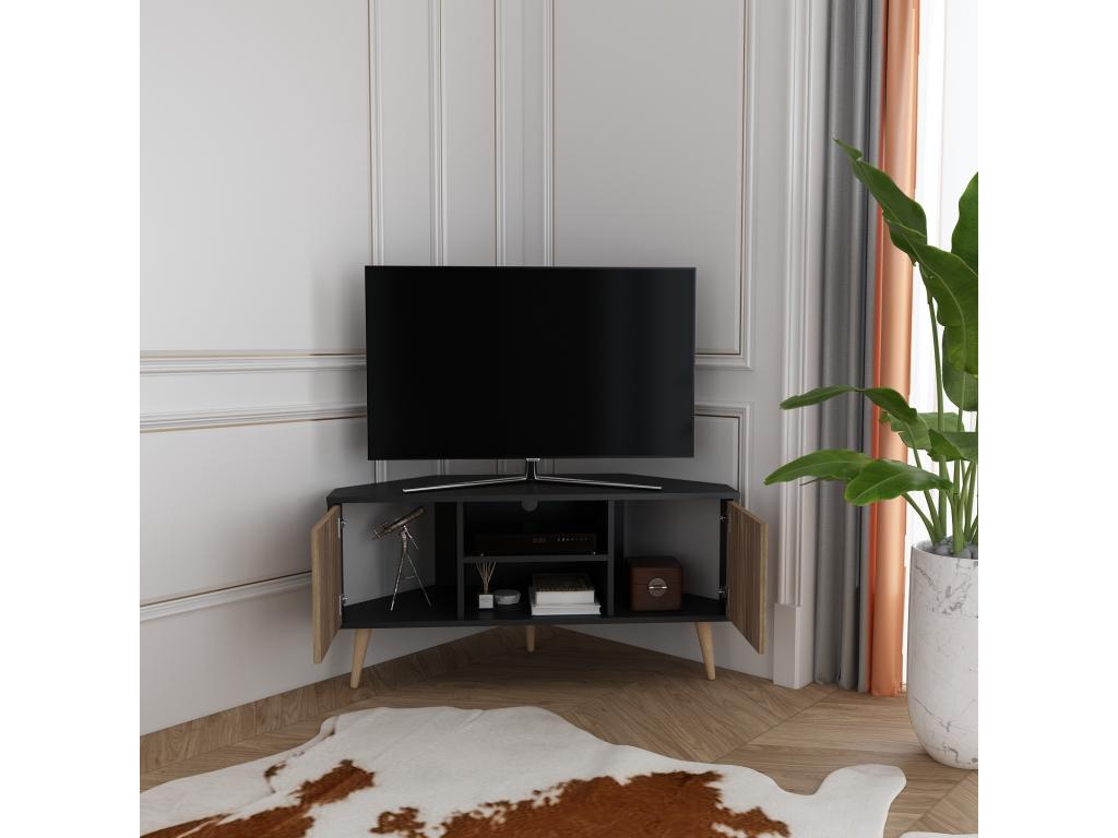 Nidchicshop 120cm Corner TV Unit with 2 Cabinets and Open Shelves, Black and Effect, Nidchicshop 72633NHFO