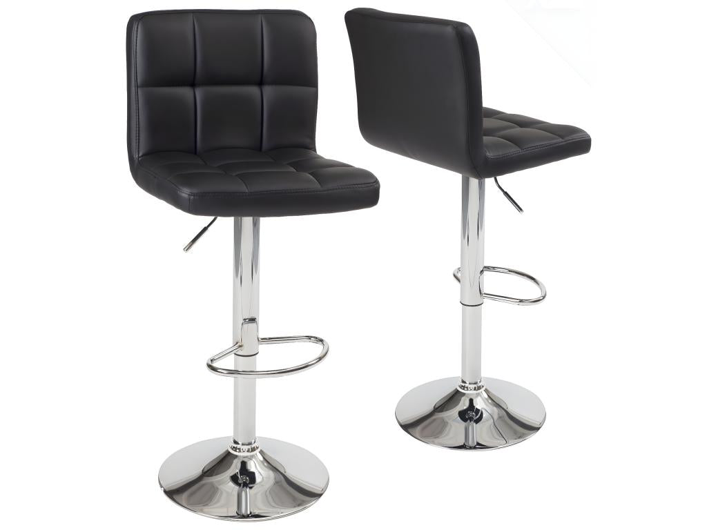 Set of 2 Calmetop black quilted faux leather bar stools with adjustable height and swivel top, chrome finish, 08827CIVU