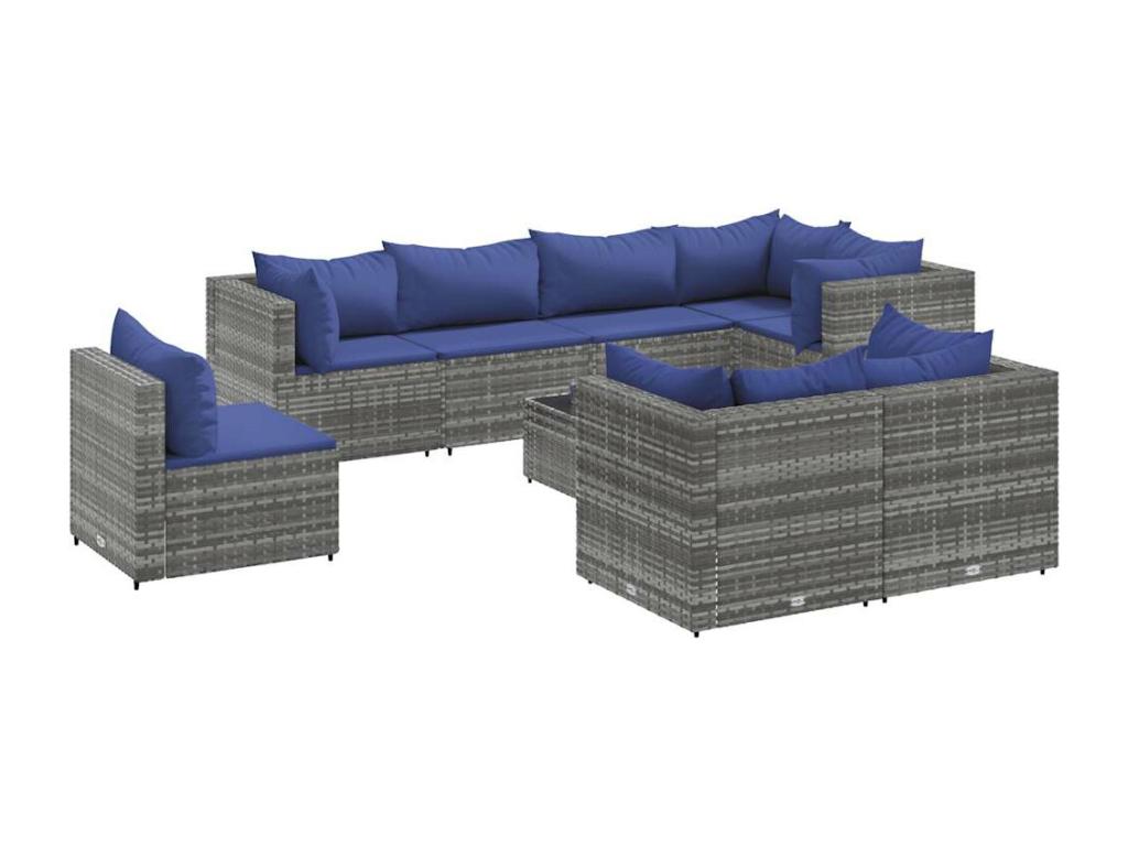 9-piece garden furniture set with cushions, grey wicker resin, 10568AIWC