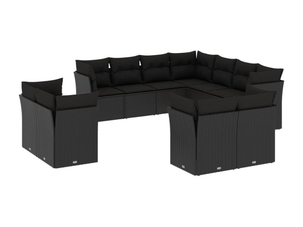11-piece garden furniture set with cushions, black resin wicker, 69153WHTH