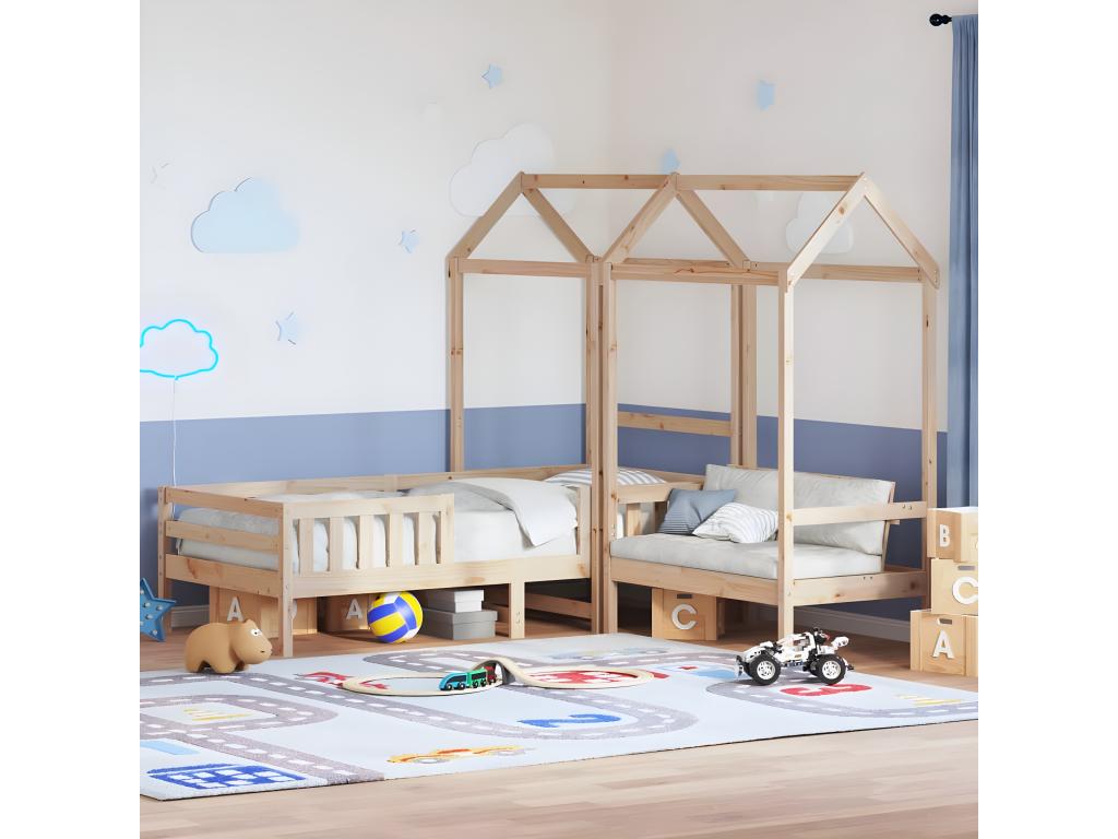Bed and bench set with roof, 90x190 cm, solid pine wood, 80293RKWR