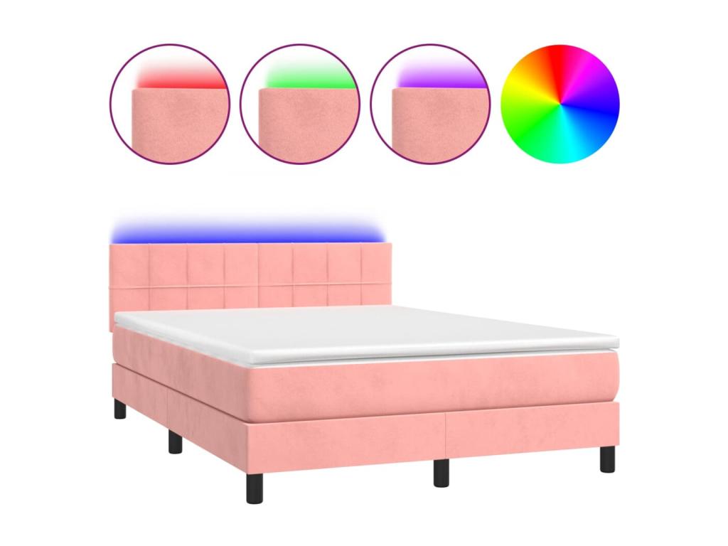 Upholstered bed base with mattress and LED light, Pink, 140x200 cm, Velvet, 33010QYCP