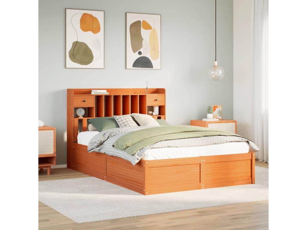 Bed frame without mattress, brown wax finish, 140x200cm, solid pine wood, 60782XGNU