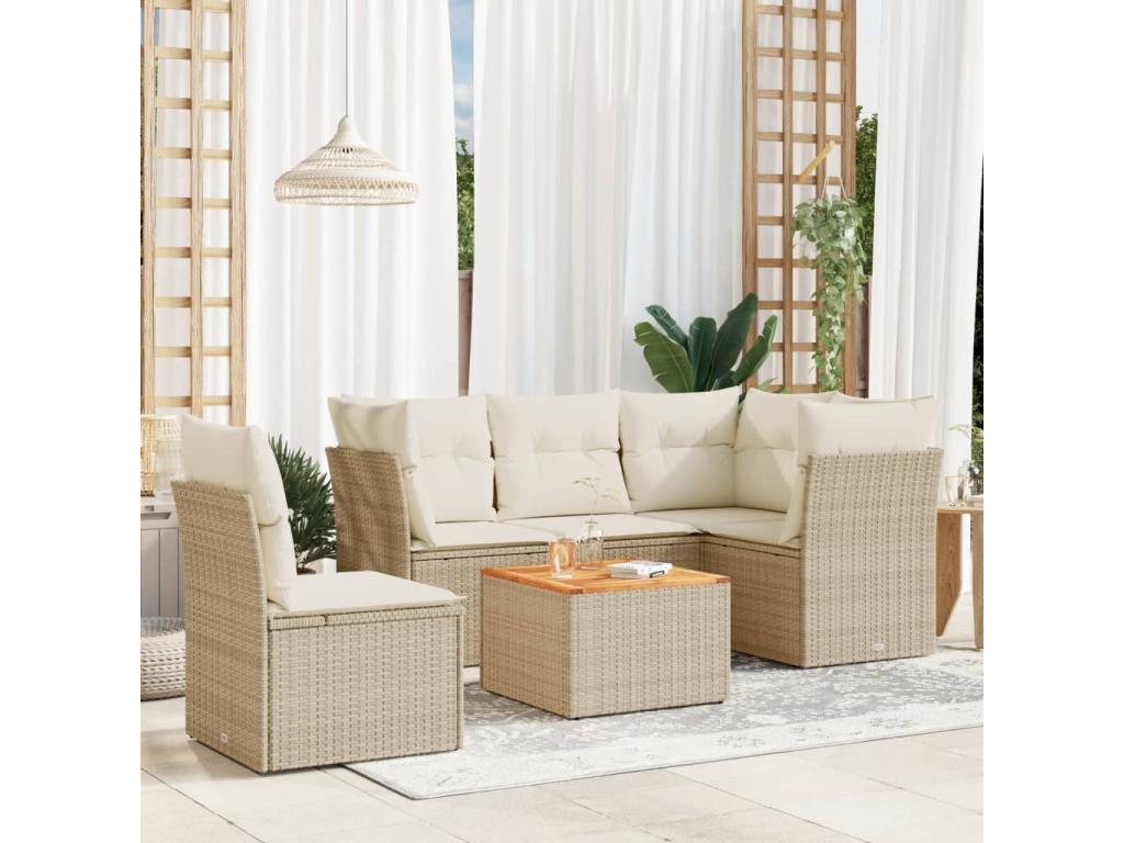 6-piece garden furniture set with cushions, beige woven resin, 40562GGLY