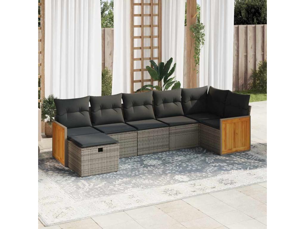 7-piece garden furniture set with cushions, grey woven resin, 90388FUHC