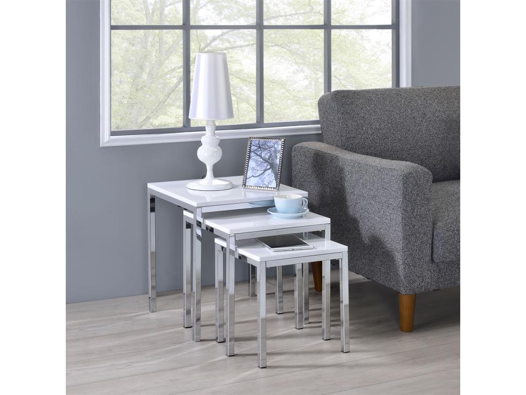 Set of 3 Nidchicshop side tables, nesting coffee tables, end tables, glossy white square top and chrome metal frame 36530DYVA