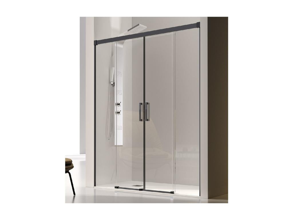 Shower enclosure with 2 fixed glass panels and 2 sliding doors, GLASÉ finish, matte black profile, 185 cm, 23982WVZY