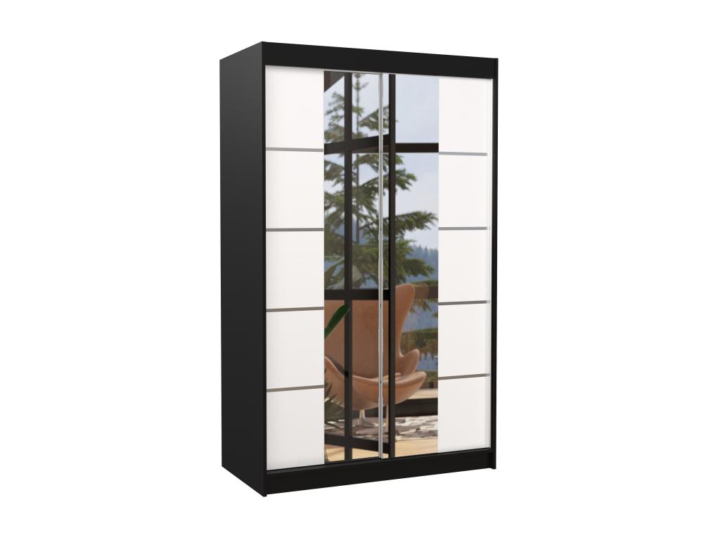 Small designer bedroom wardrobe with 2 sliding doors, black and white, with mirror, Calmetop, 120cm, 22317AZNY