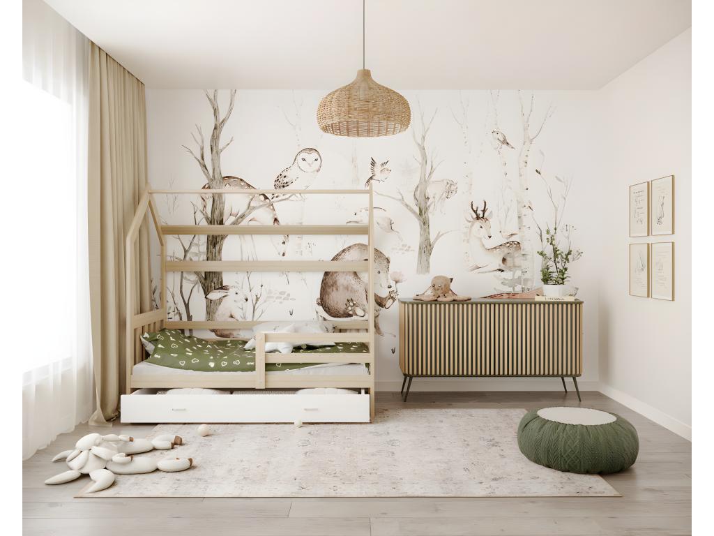 Cabin bed Plus 80 x 160 cm with slatted base, mattress and drawer, Pine - White 30198LTBN