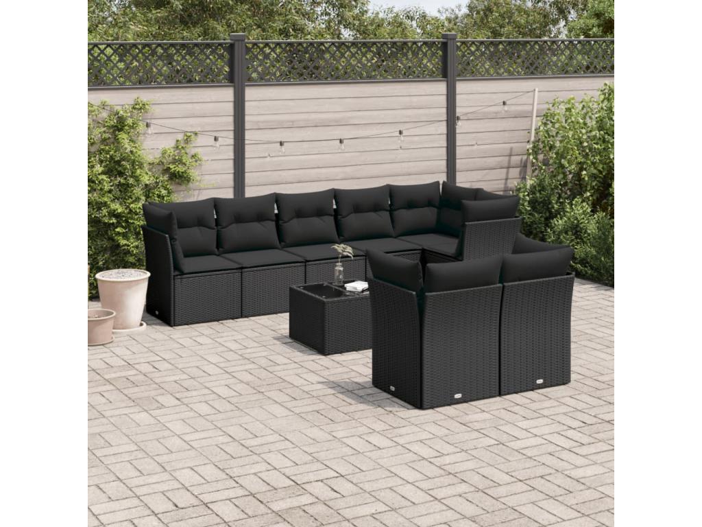 9-piece garden furniture set with cushions, black resin wicker, 92969OZWT