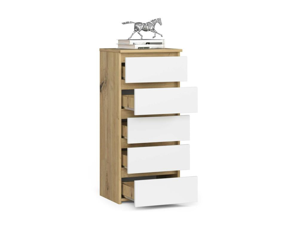 Calmetop CL5 Chest of Drawers, Oak Finish, 40 cm, 5 Drawers, White Front, 40x35x92 cm, 90274ITPA