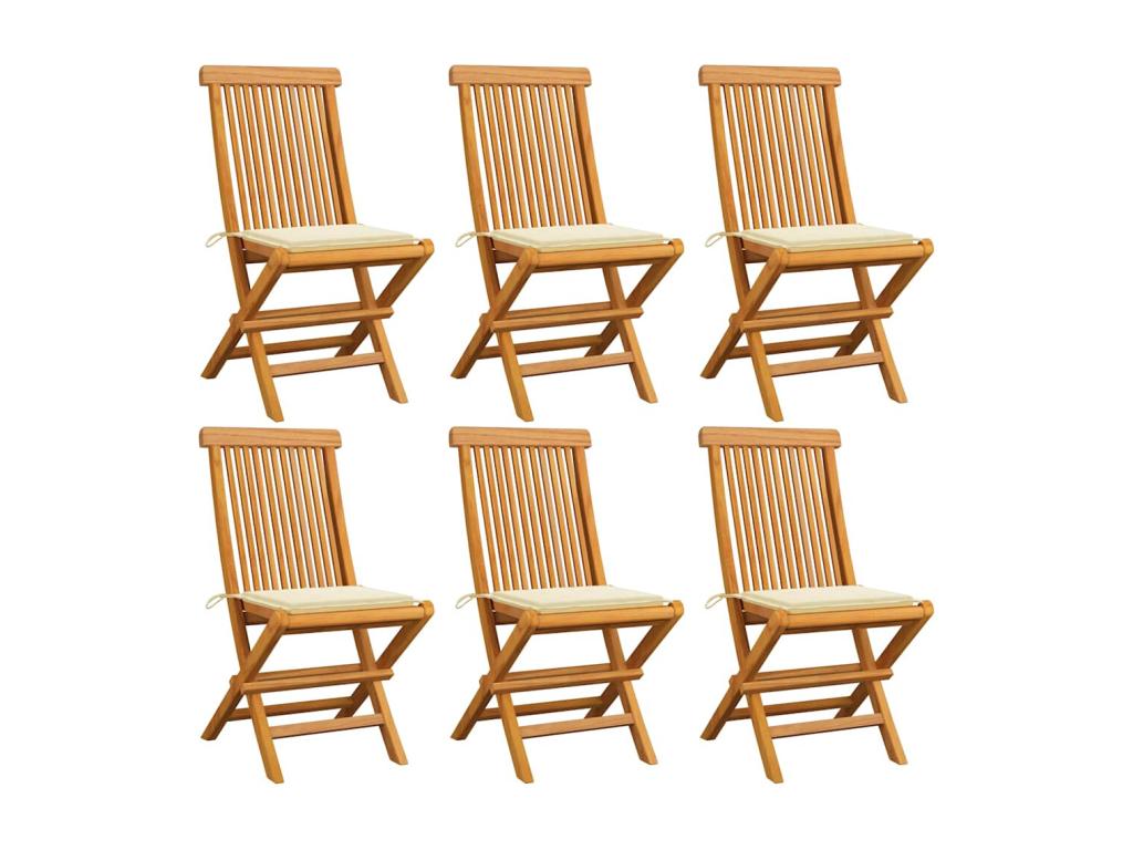 Garden chairs and cream cushions, set of 6, solid teak wood, 07655IFDJ