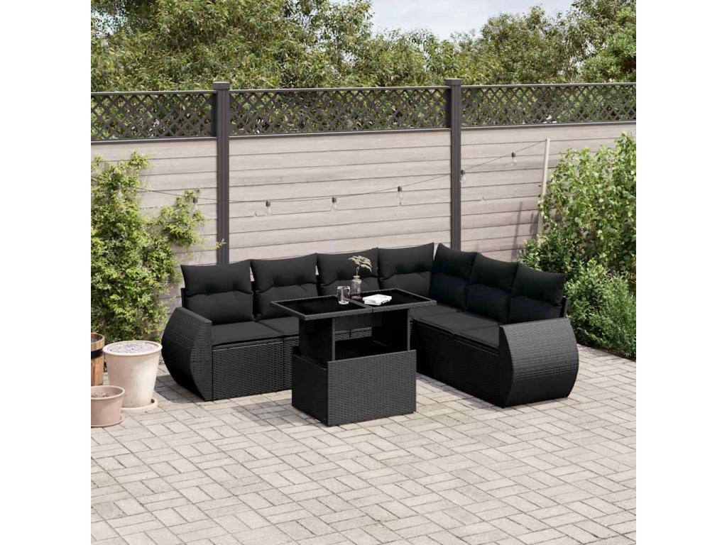 7-piece garden furniture set with cushions, black woven resin, 48081UPQW