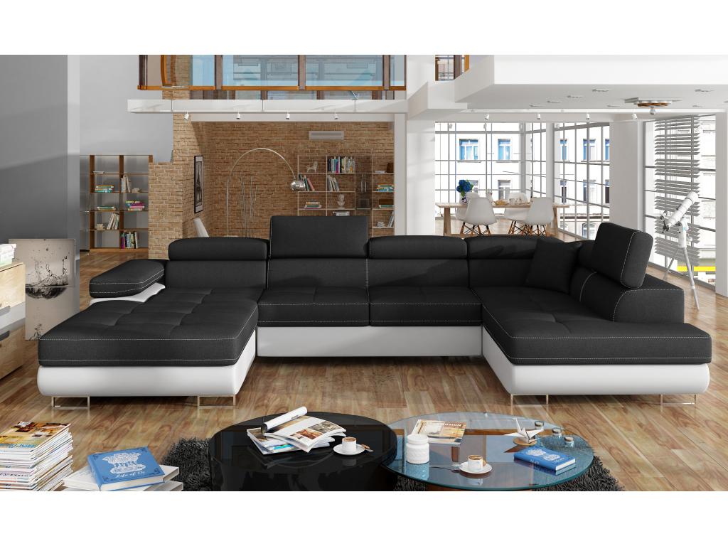 Nidchicshop 345cm panoramic sofa bed in black fabric and white faux leather with storage compartment - Storage compartment on the right 11428CXTF