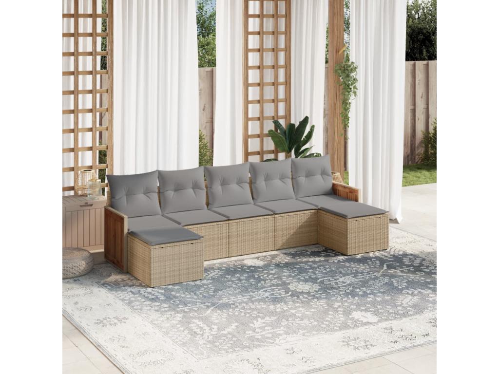 7-piece garden furniture set with cushions, beige woven resin, 80526NVPX