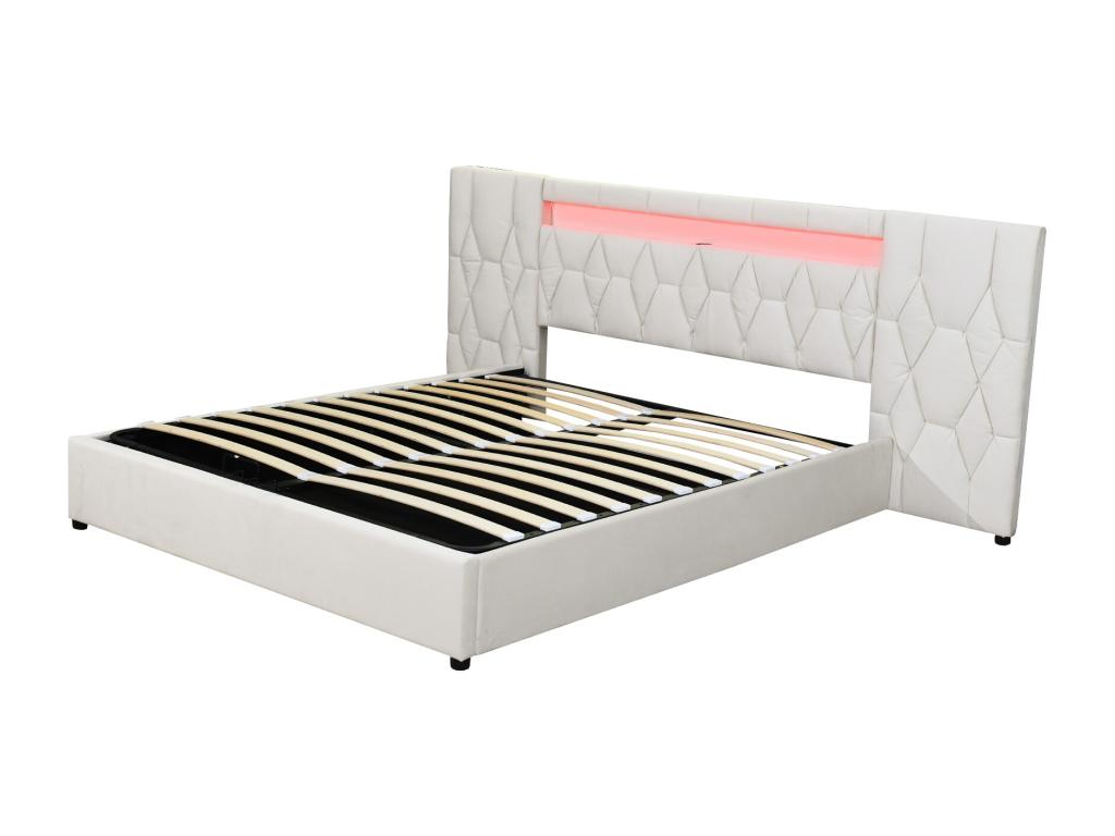 160x200 cm storage bed with large headboard - upholstered in velvet - LEDs and USB port - Beige 04125SIUN