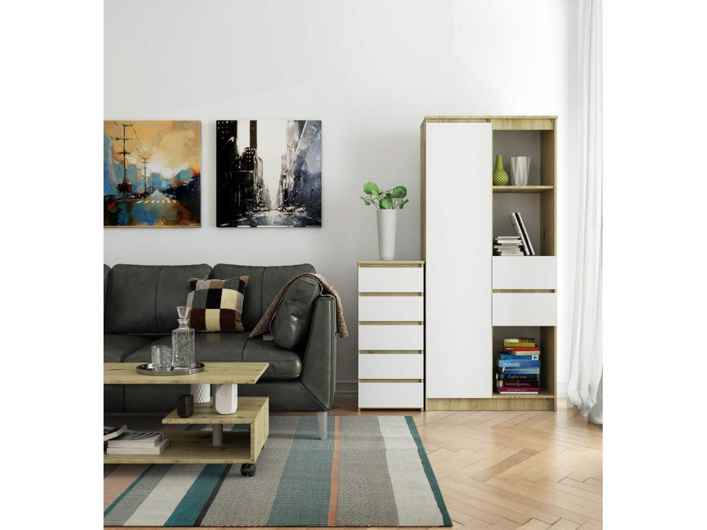 Calmetop CL5 Chest of Drawers, Oak Finish, 40 cm, 5 Drawers, White Front, 40x35x92 cm, 90274ITPA