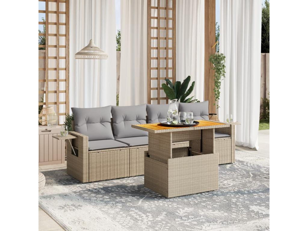 5-piece garden furniture set with cushions, beige woven resin, 28571ITDR