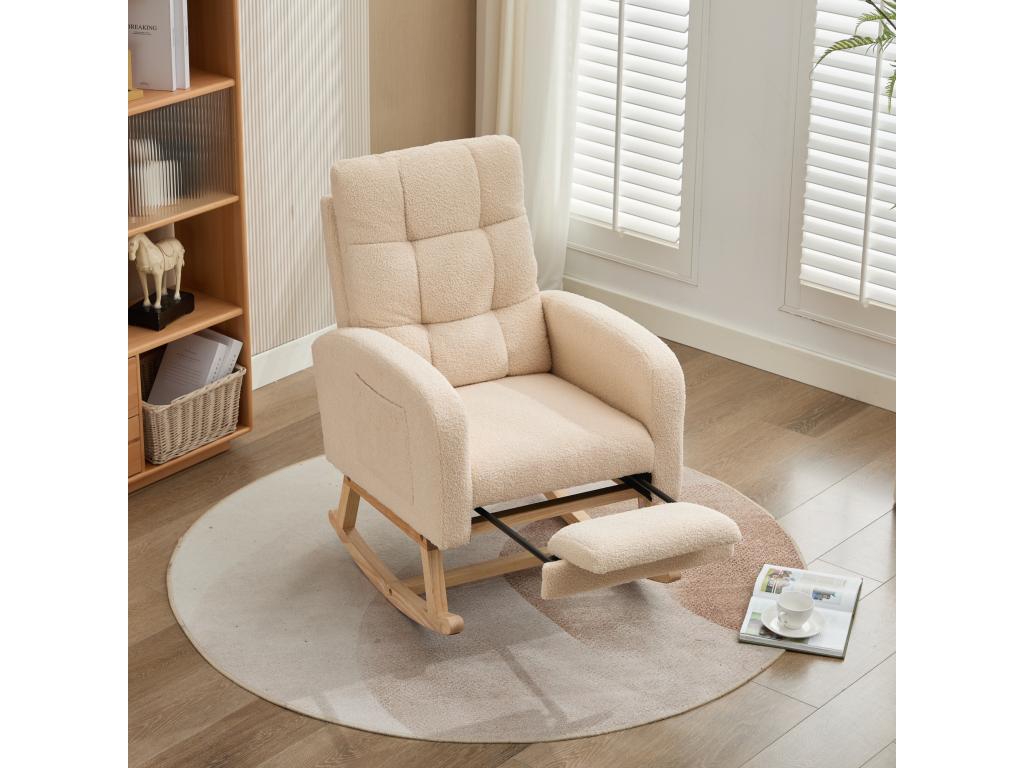 Calmetop velvet rocking chair with footrest and armrests - 132x50x99 cm - Solid wood frame - Beige 07545GGOI