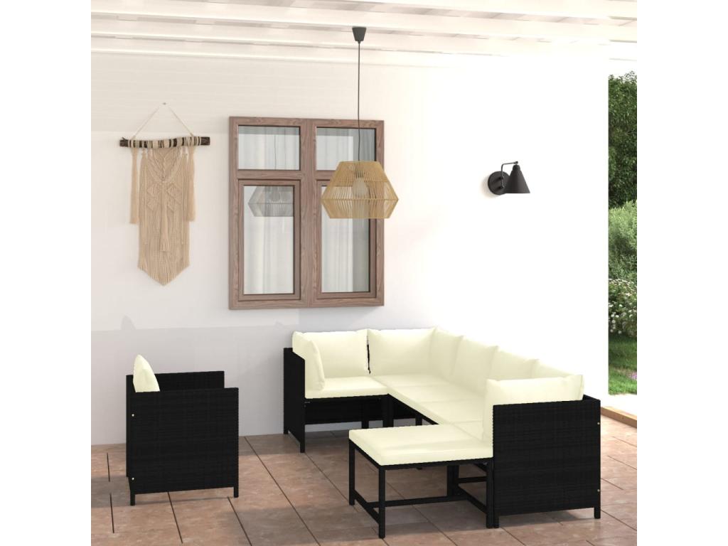 7-piece garden furniture set with cushions, black wicker resin, 39790FVBC