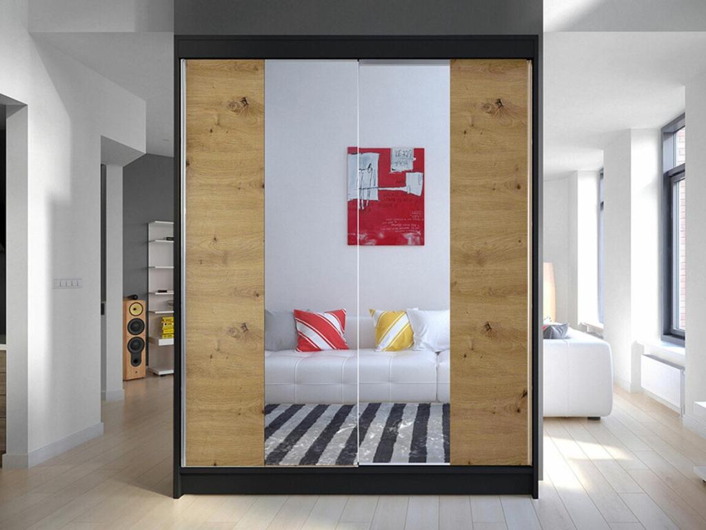 Calmetop 141 Oak Wardrobe - Black 200x150x58cm Sliding Wardrobe Doors 06200HJJO