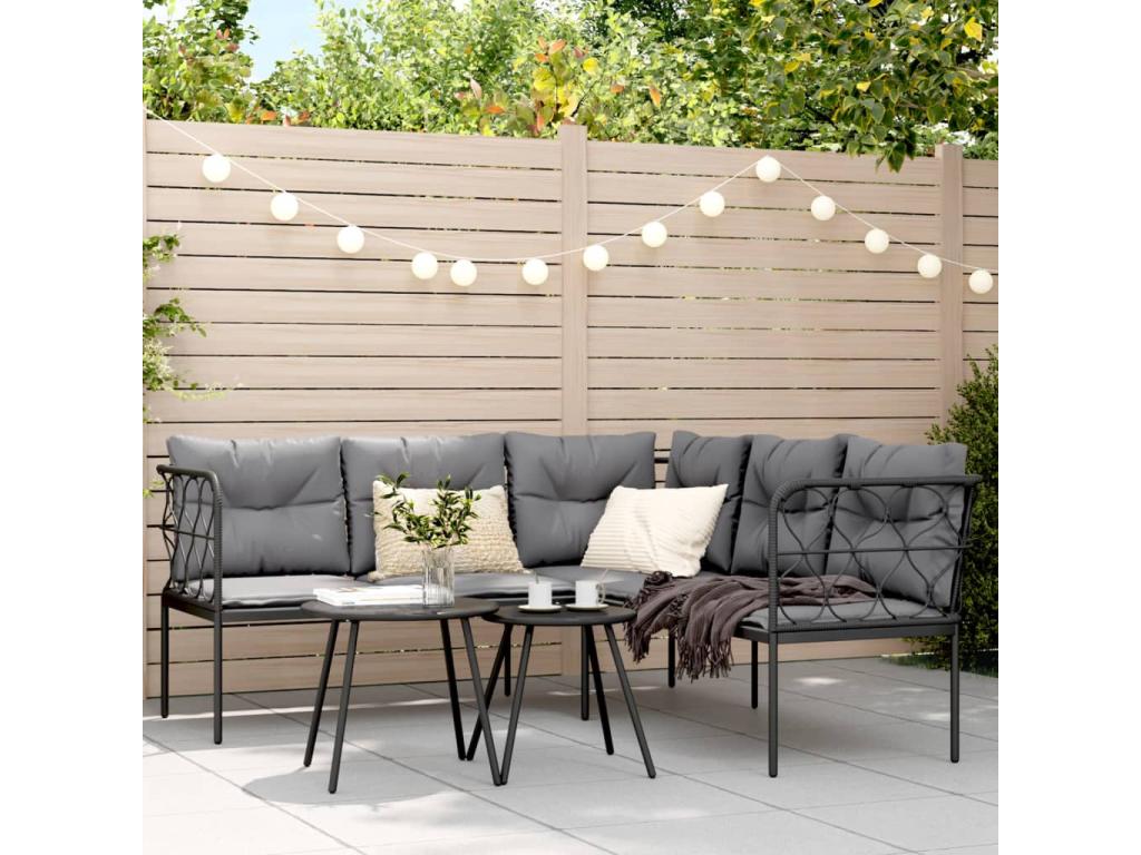 Garden sofa and cushion set, black steel and textilene, 76429CCLW