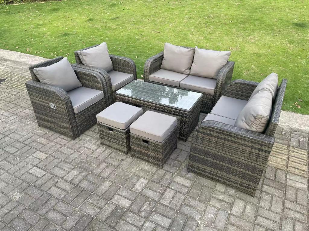 Rattan garden furniture set with 2 loveseats, coffee table, 2 reclining chairs, and 2 stools. MéNidchicshop dark grey 59052QITG