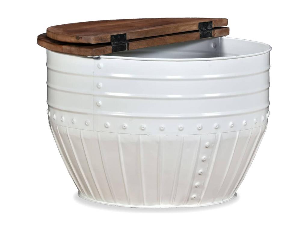 Coffee table, solid reclaimed wood, white, barrel shape, 94738MCMD