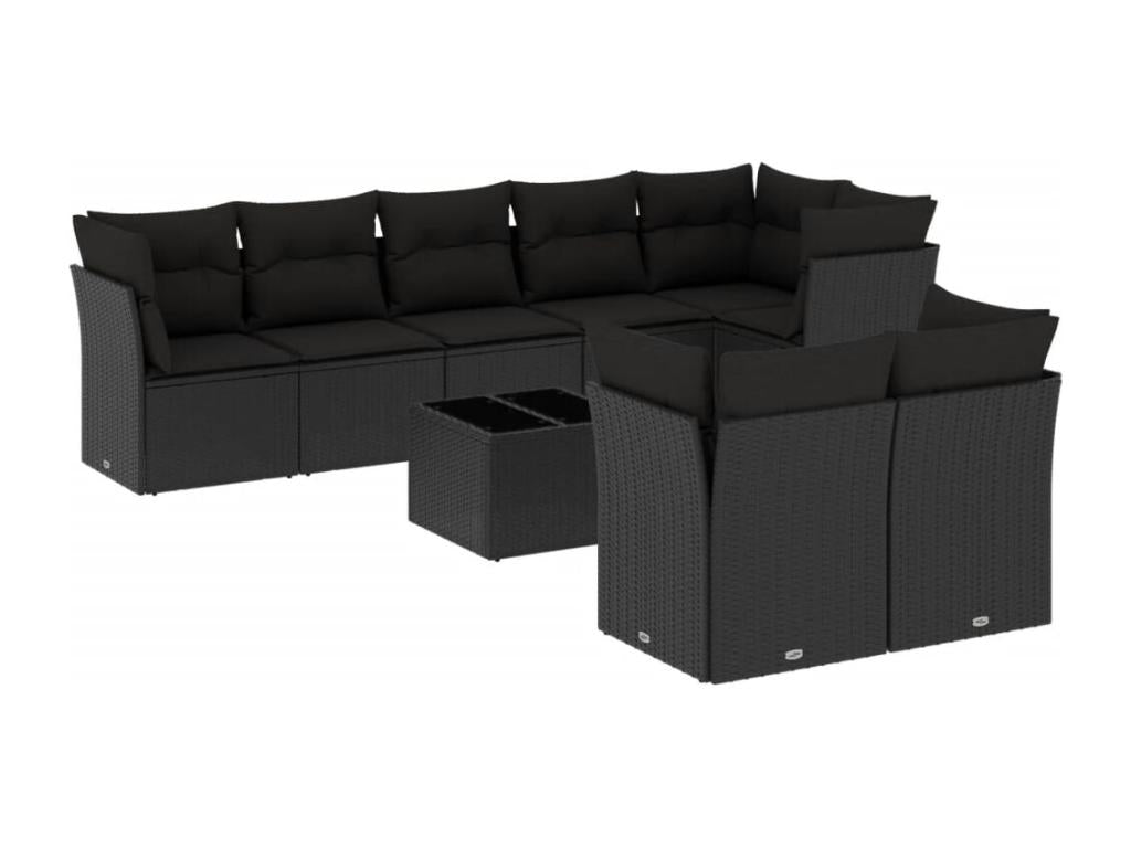 9-piece garden furniture set with cushions, black resin wicker, 92969OZWT