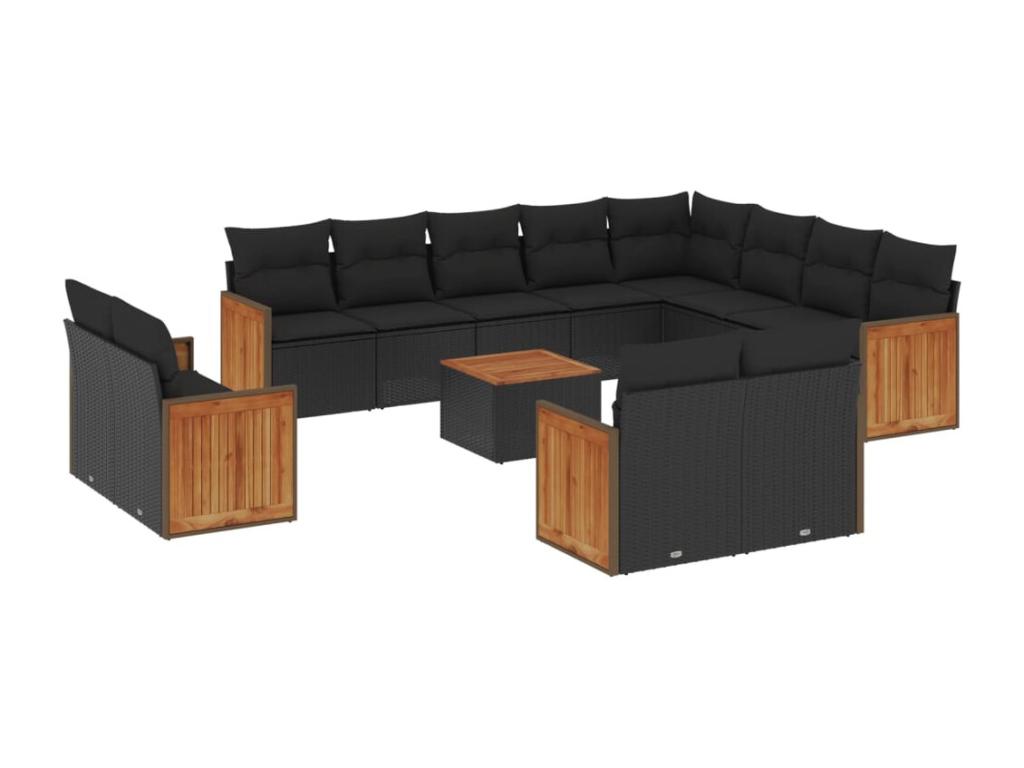 13-piece garden furniture set with cushions, black woven resin, 30407GNPF