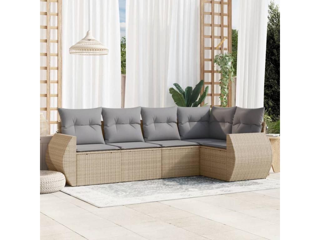 5-piece garden furniture set with cushions, beige woven resin, 29636XHAS