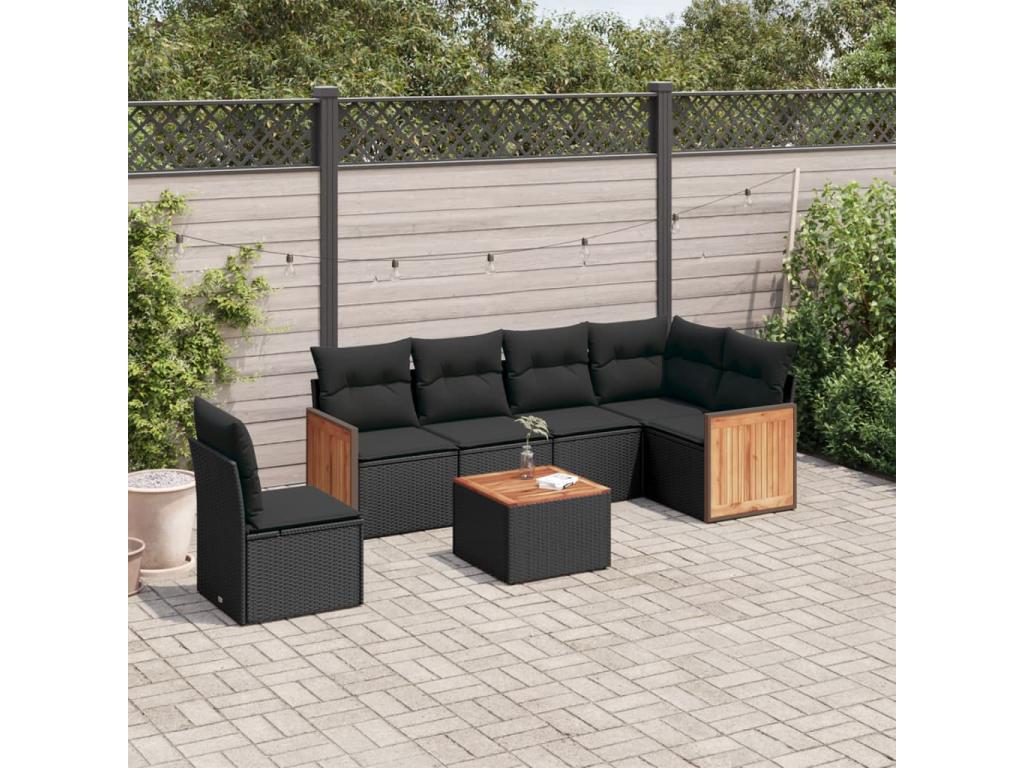 7-piece garden furniture set with cushions, black woven resin 47517MCVQ