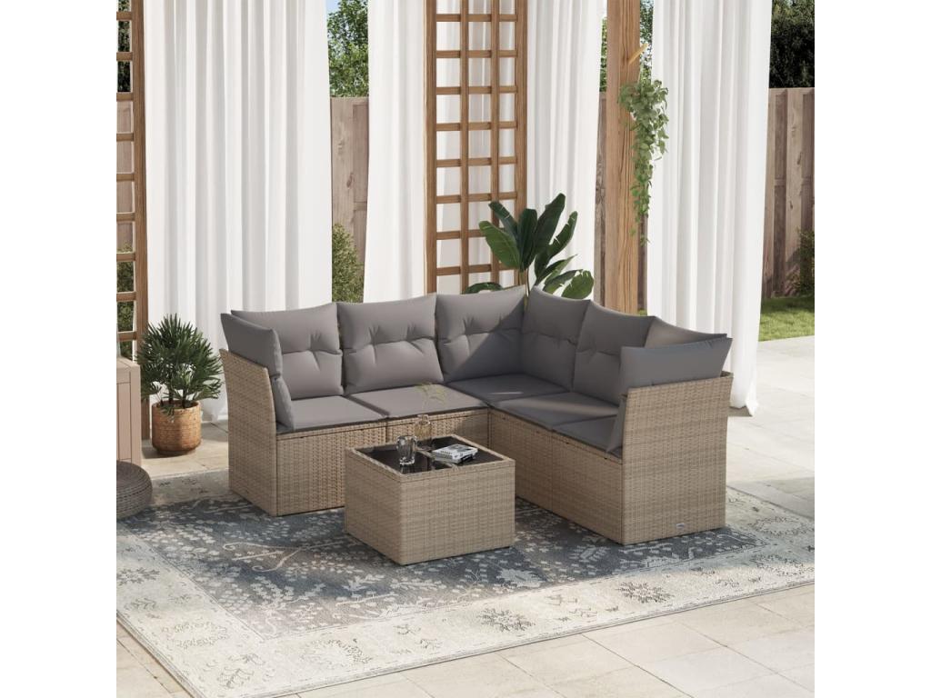 6-piece garden furniture set with cushions, beige woven resin, 88913SMLO