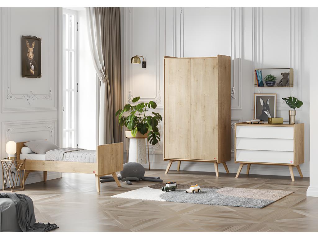 Complete nursery set: convertible crib, 3-drawer dresser, 2-door wardrobe, Vintage White Wood 74338LPZJ