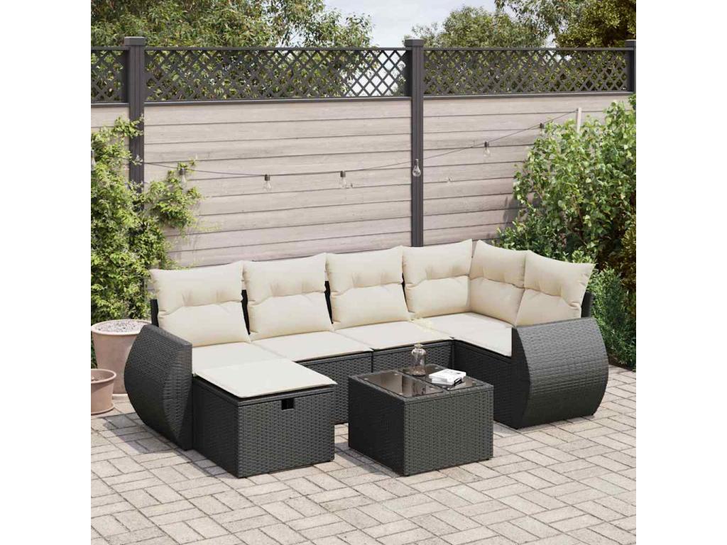 7-piece garden furniture set with cushions, black resin wicker, 10282DNVC