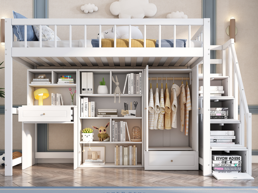 Loft bed 90x200 cm with desk, shelves and wardrobe - solid wood - white 75648CFYV