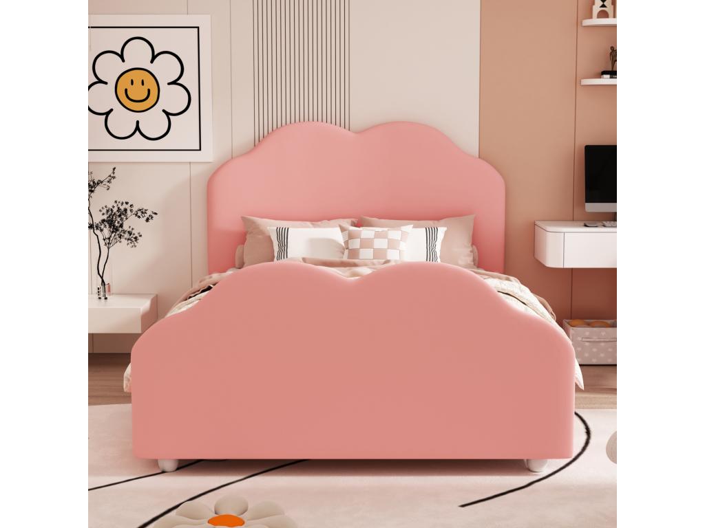 Single bed 90x200cm children's bed with Calmetop slatted base and cloud-shaped headboard and footboard, pink velvet bed 27026XQOR