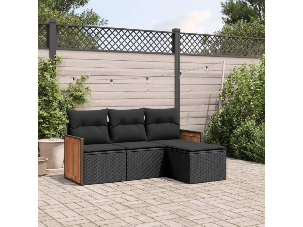 4-piece garden furniture set with cushions, black resin wicker, 27716GHHS
