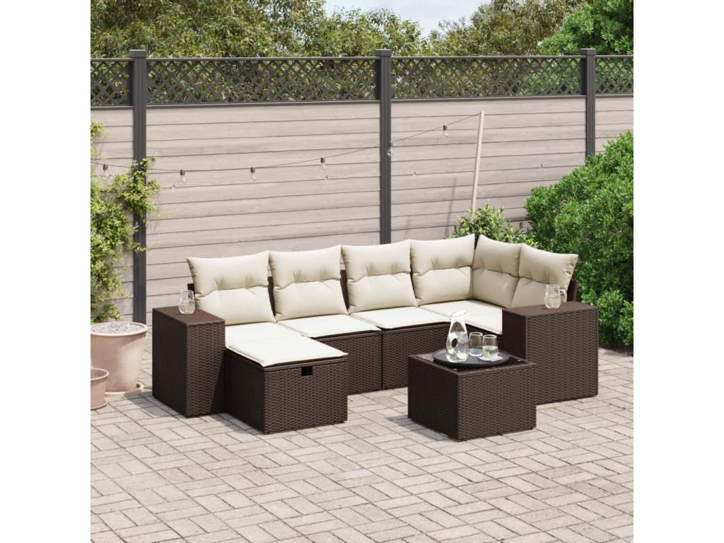 7-piece garden furniture set with cushions, brown woven resin, 85382IDAP