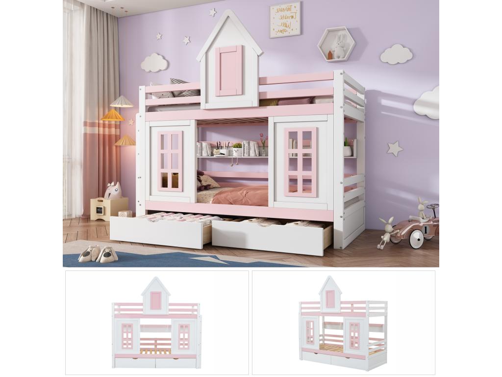 Bunk bed 90x200cm - 2 drawers, open shelf, slatted base at Nidchicshop - pine, MDF, white, pink 70587IWYE
