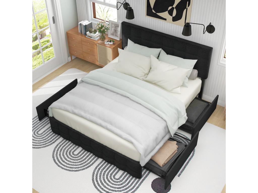 Upholstered bed with 4 drawers and black spring mattress 140x200 cm - Calmetop 47547HBDU