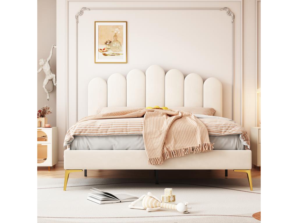 Upholstered velvet bed 140x200cm with slatted base at Nidchicshop - adjustable headboard - beige 77296EEKT