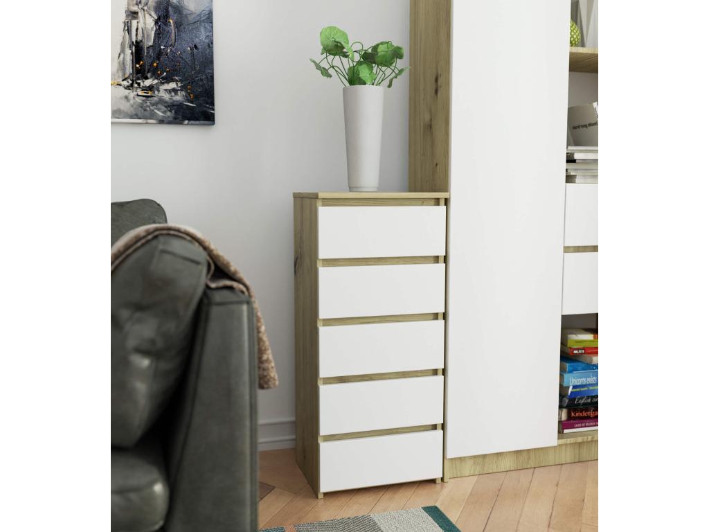 Calmetop CL5 Chest of Drawers, Oak Finish, 40 cm, 5 Drawers, White Front, 40x35x92 cm, 90274ITPA