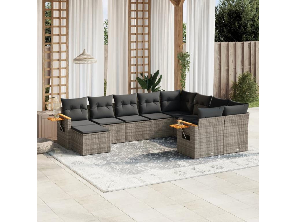 10-piece garden furniture set with cushions, grey woven resin 11517NROE